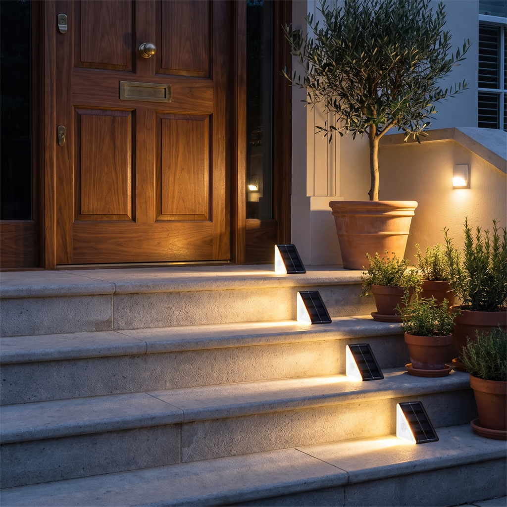 Escalones de entrada de una casa con luces Ascenda encendidas