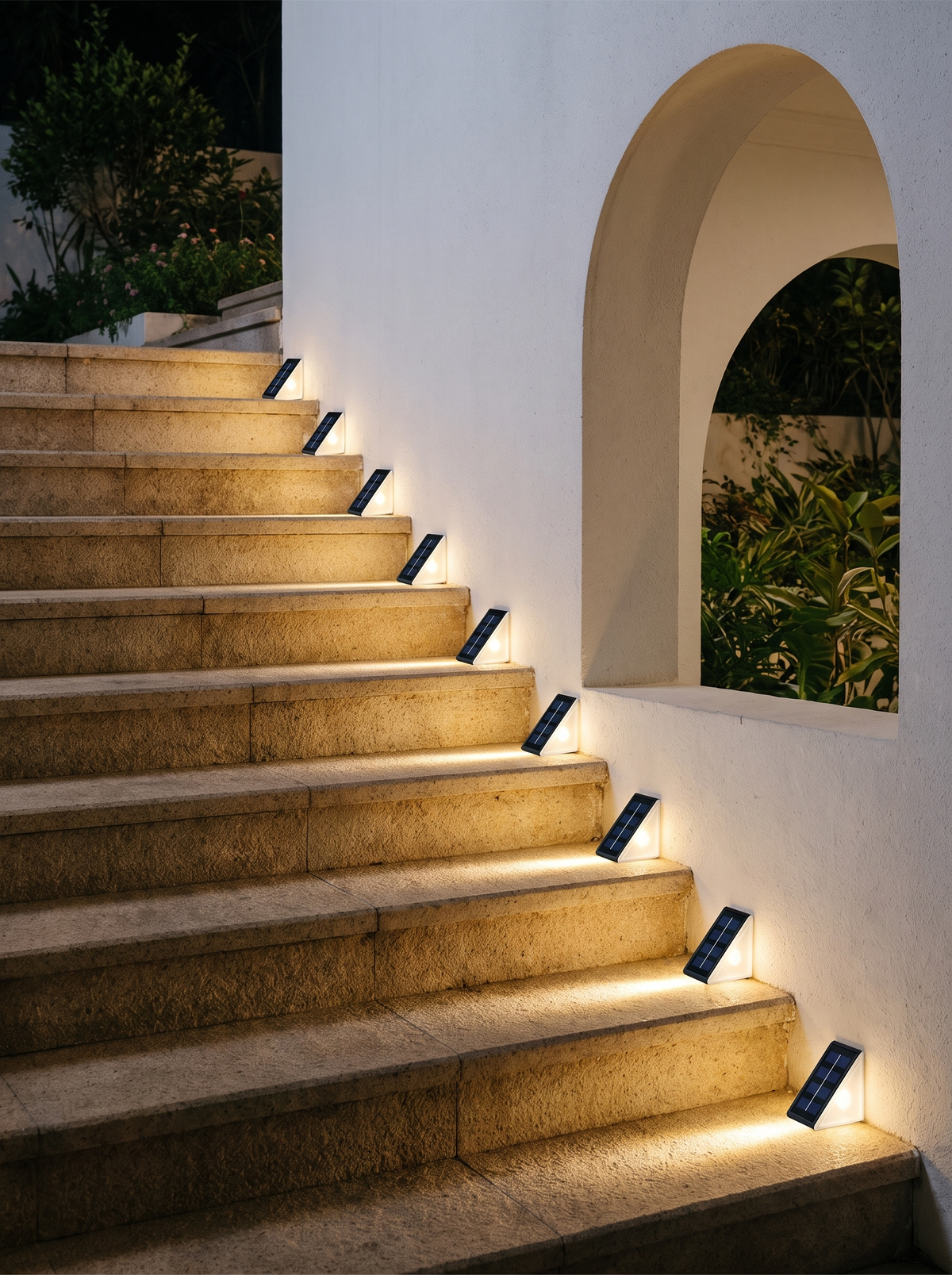 Escalera de piedra iluminada con luces solares Ascenda