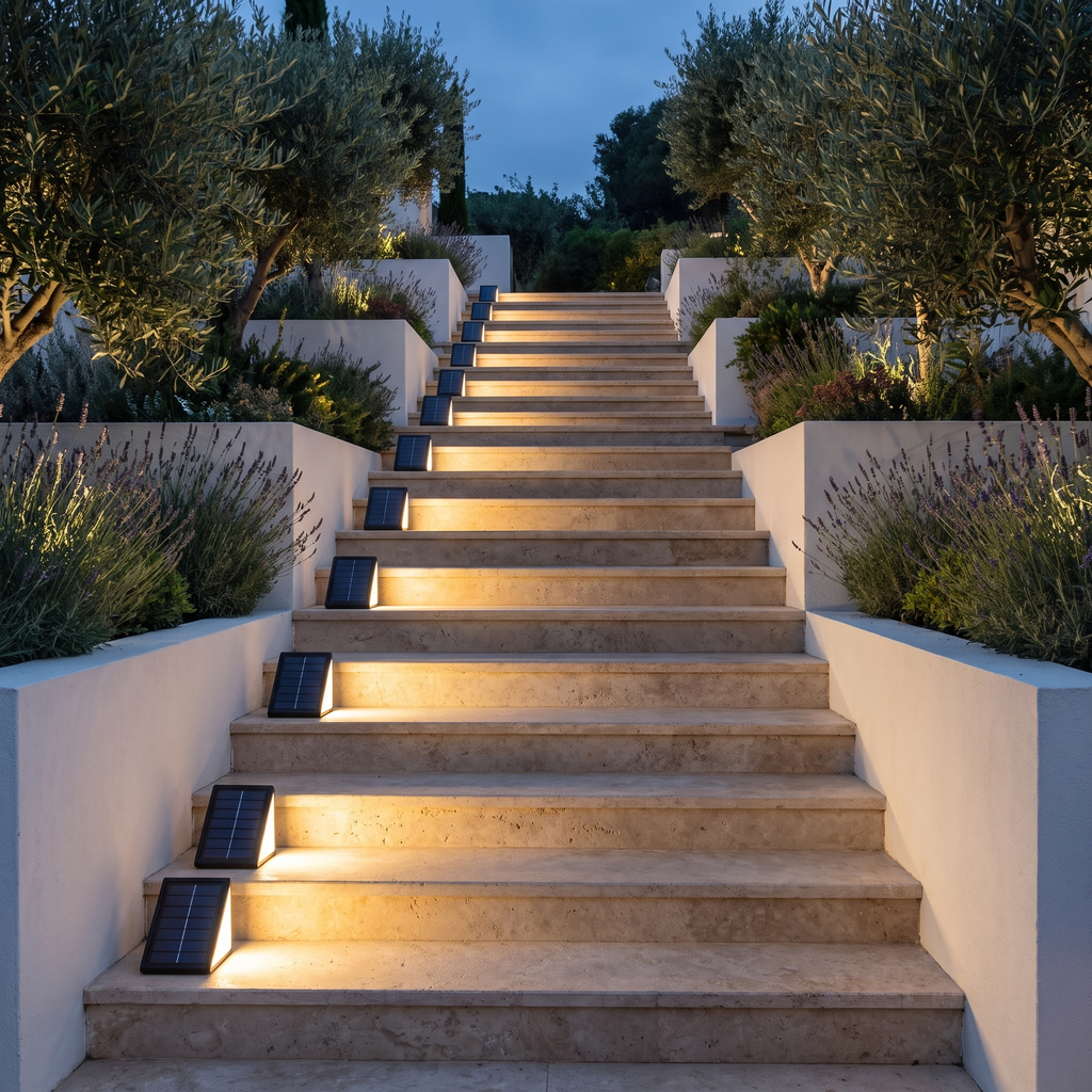 Escalera de travertino con una luz Ascenda en un lateral de cada peldaño