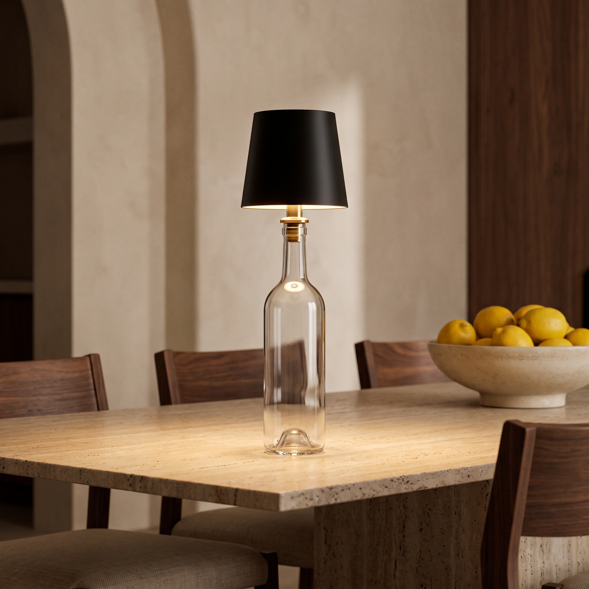Aura encendida en una mesa de comedor de travertino