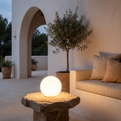 Luna encendida en una terraza mediterránea