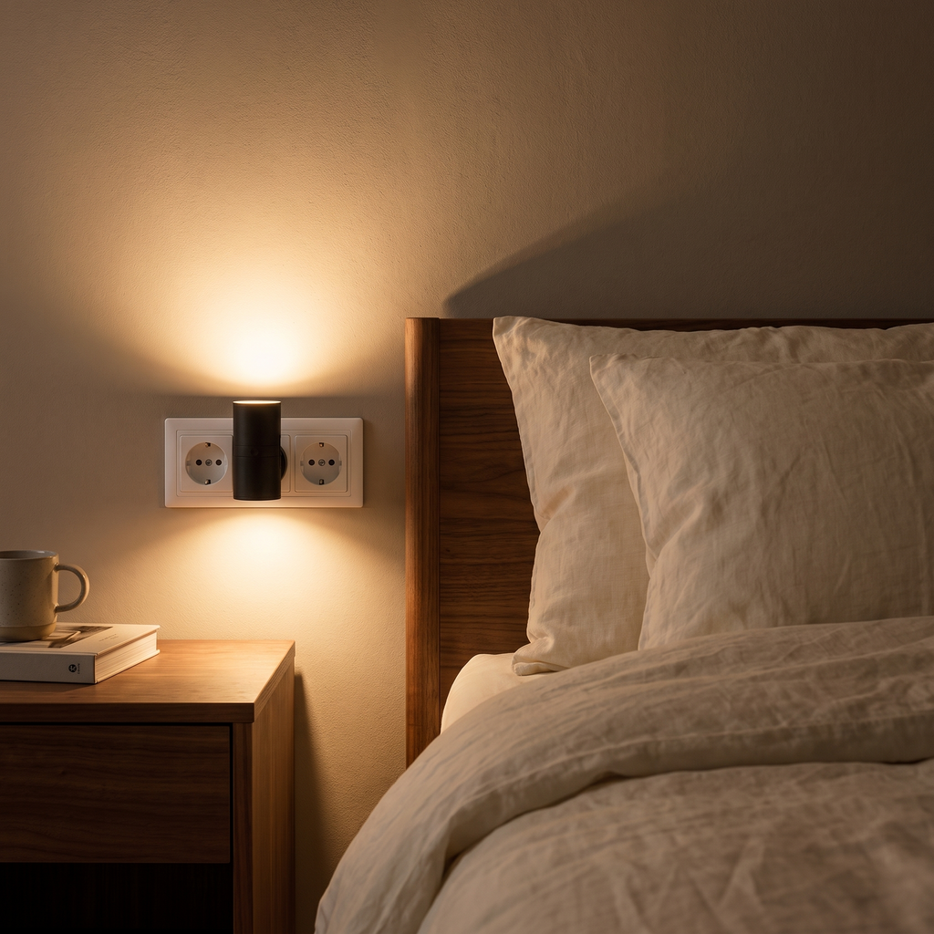 Noma junto a la cama en un dormitorio